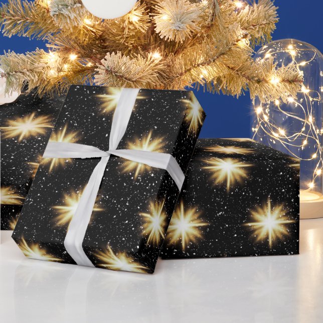 Papier Cadeau Étoiles d'or et flocons de neige (Vacances)