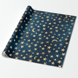 Papier Cadeau Etoiles d'or et lunes sur bleu