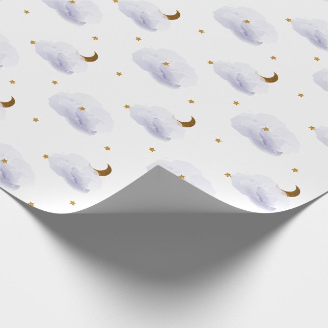 Papier Cadeau Etoiles d'or, lune et nuages de lavande (Coin)