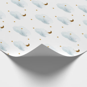 Papier Cadeau Étoiles d'or, Lune, et nuages fluides Envelopper l