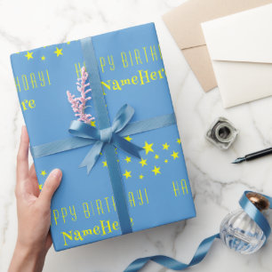 Papier Cadeau Etoiles d'or personnalisées et Lune Joyeux Anniver