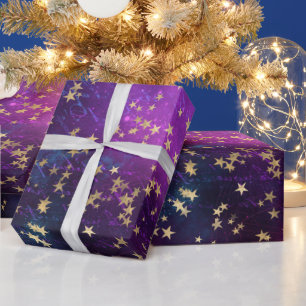 Papier Cadeau Étoiles Dorées Célestes sur Fond de Galaxie Pourpr