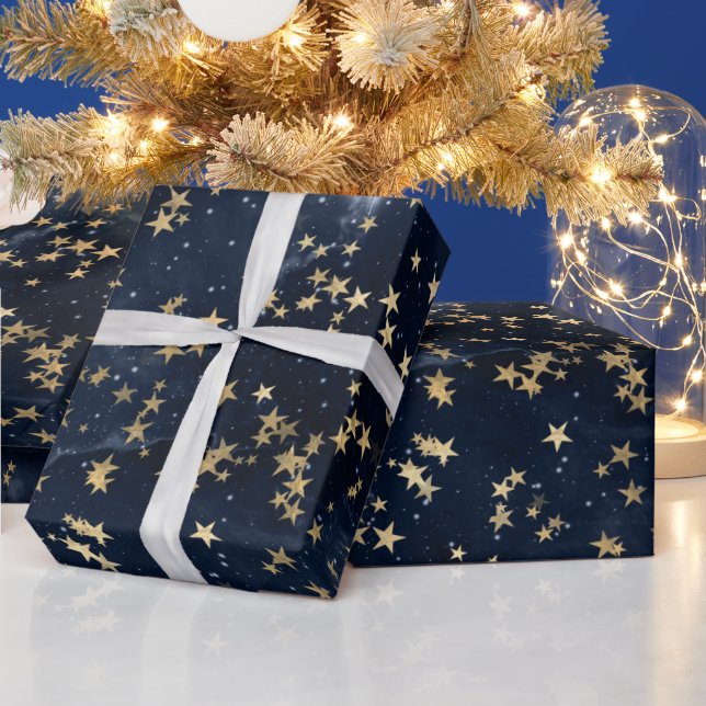 Papier Cadeau Étoiles Dorées Célestes sur Fond Galactique Nuit B (Vacances)