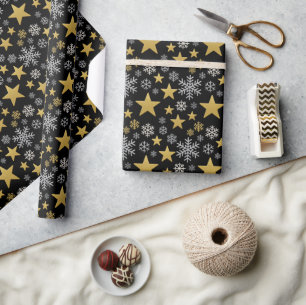 Papier Cadeau Étoiles dorées et flocons d'argent sur fond noir