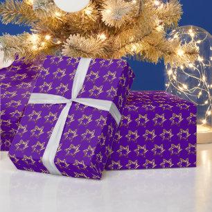 Papier Cadeau Étoiles dorées fausses élégantes motif Noël violet