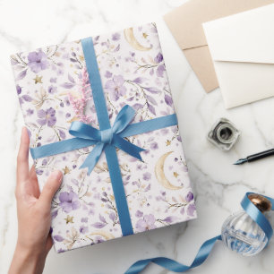 Papier Cadeau Étoiles Dorées Lune Fleurs Violettes Anniversaire