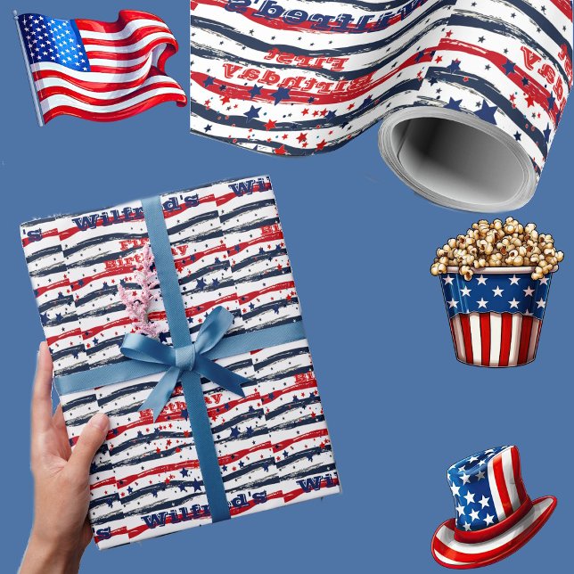Papier Cadeau Étoiles et rayures 4 juillet Rouge Blanc Bleu Bleu (Stars and Stripes 4th July Red White Blue Birthday Wrapping Paper)