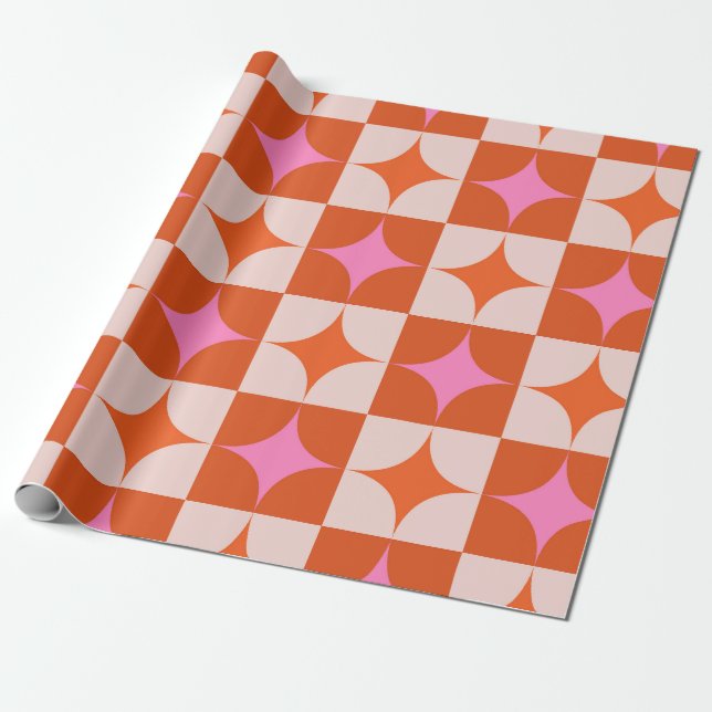 Papier Cadeau Étoiles explosées rose orange à carreaux de style  (Déroulé)