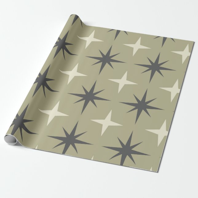 Papier Cadeau Étoiles explosives du milieu du siècle en beige et (Déroulé)