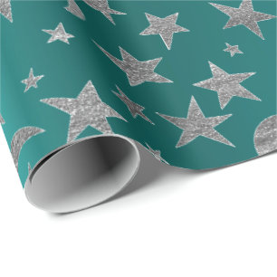 Papier Cadeau Étoiles gris argent Lune Ciel métallique Turquoise