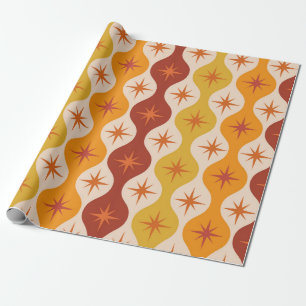 Papier Cadeau Étoiles mod orange du milieu du siècle sur un moti