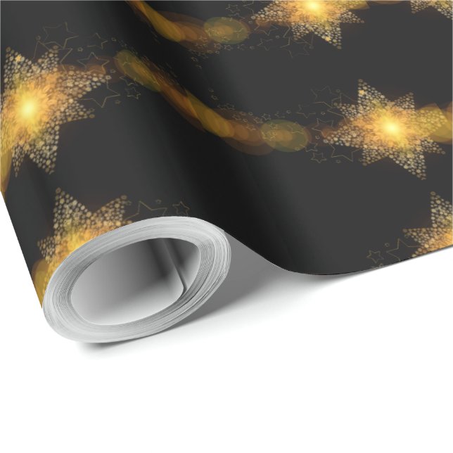 Papier Cadeau Étoiles Motif Black et Gold Star Lumières Élégant (Coin rond)