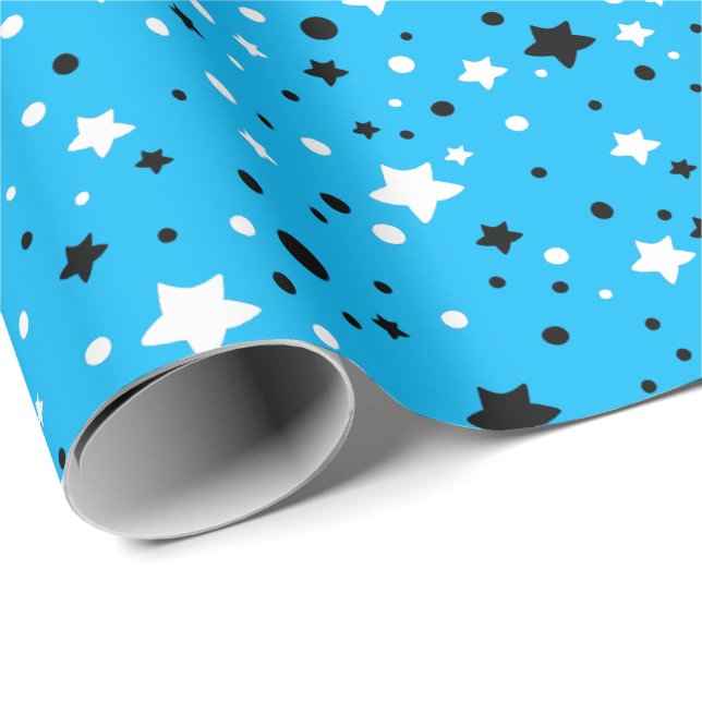 Papier Cadeau étoiles noires et blanches sur aqua (Coin rond)