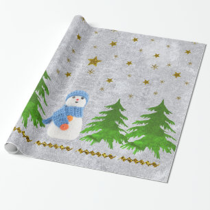 Papier Cadeau Étoiles scintillantes d'or, bonhomme de neige et