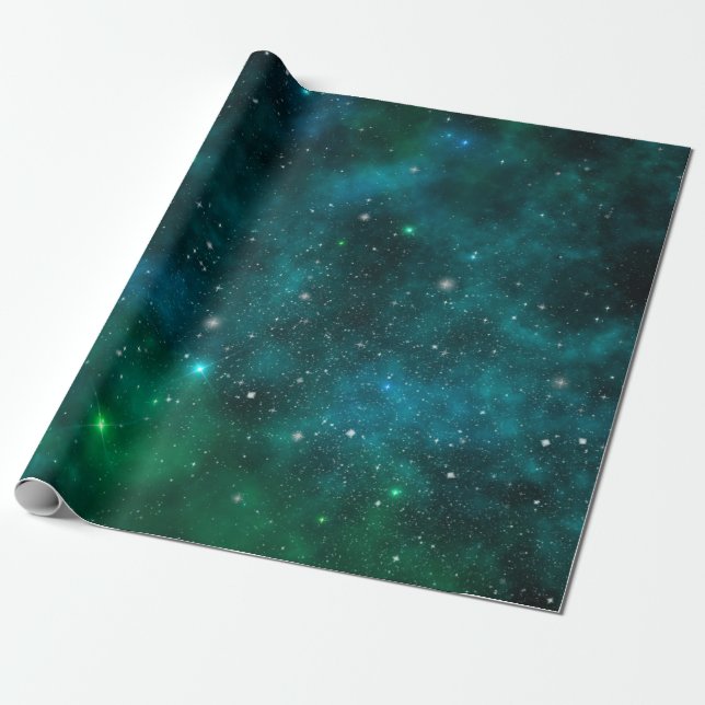 Papier Cadeau Étoiles scintillantes sur fond d'espace vert foncé (Déroulé)