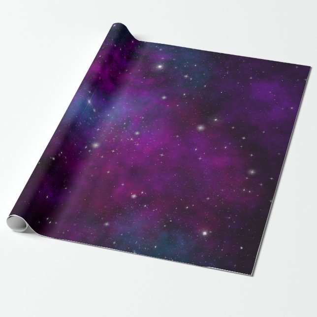 Papier Cadeau Étoiles scintillantes sur fond spatial violet fonc (Déroulé)