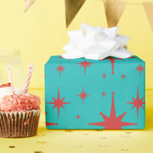 Papier Cadeau Etoiles Vintages rétro Turquoise et rouge