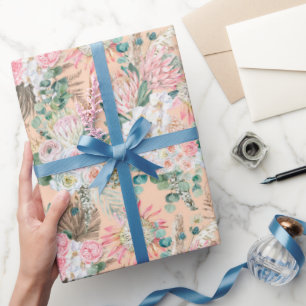 Papier Cadeau Eucalyptus Rose Blanc Floral Boho Mariage Annivers