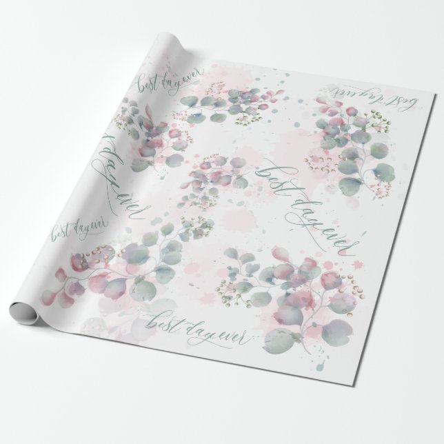 Papier Cadeau Eucalyptus vert rose et gris (Déroulé)