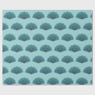 Papier Cadeau Éventail large plume de paon bleu