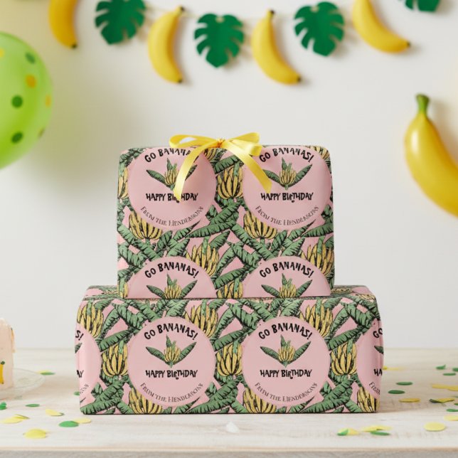 Papier Cadeau Exotic Pink Go Bananes Joyeux Anniversaire Jungle (Fun Go Bananas Birthday Party Wrapping Paper. Yellow Bananas, Banana Leaves Happy Birthday Gift Wrap)