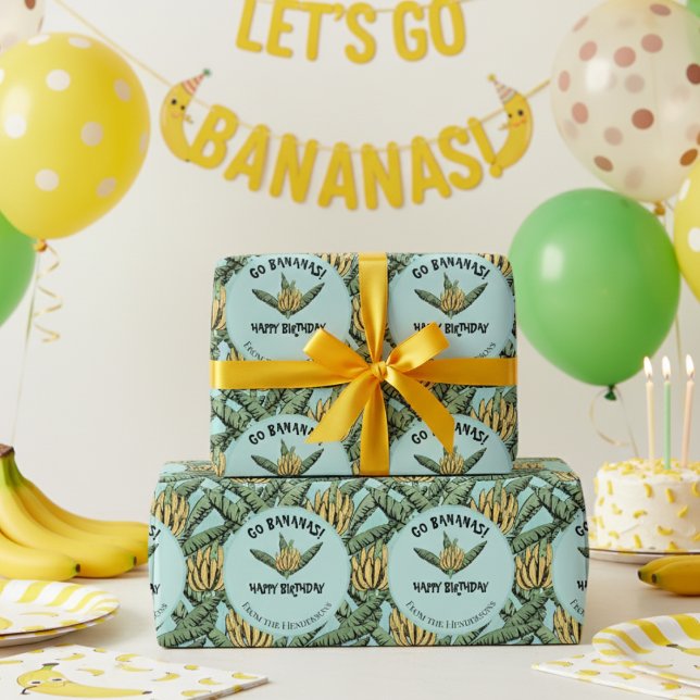 Papier Cadeau Exotic Turquoise Go Bananes Joyeux Anniversaire Ju (Fun Go Bananas Birthday Party Wrapping Paper. Yellow Bananas, Banana Leaves Happy Birthday Gift Wrap)