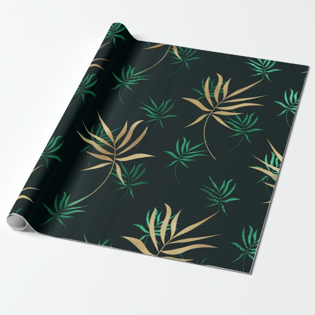 Papier Cadeau Exotique Vert Tropical et Or (Déroulé)