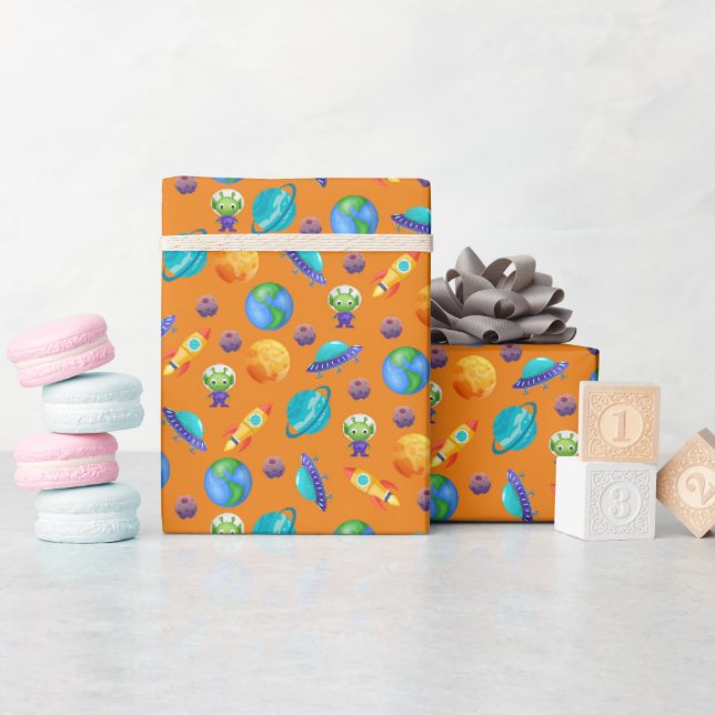 Papier Cadeau Explorateurs spatiaux sur Orange (Baby Shower)