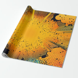 Papier Cadeau Explosion de Bande Dessinée Cyan Jaune Doré Grunge