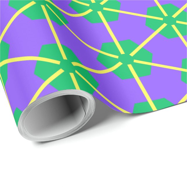 Papier Cadeau Explosion géométrique en violet, vert et jaune (Coin rond)
