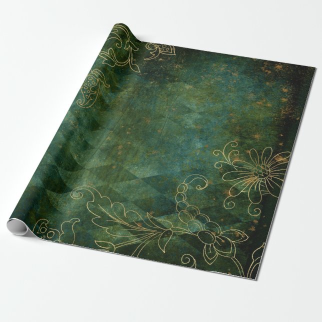 Papier Cadeau Extraits floraux d'or sur vert (Déroulé)