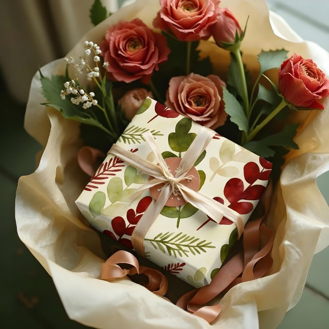 Papier Cadeau Exuberant Botanical Branches Red & Green TMF26 (Exuberant Botanical Branches Wrapping Paper Sheet in Green and Red Watercolor Effect Designs. )