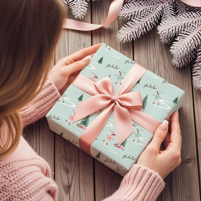 Papier Cadeau Fa La La Cute Pink Elf Ice Skating Girly  (Fa La La Cute Pink Elf Ice Skating Girly Wrapping Paper)