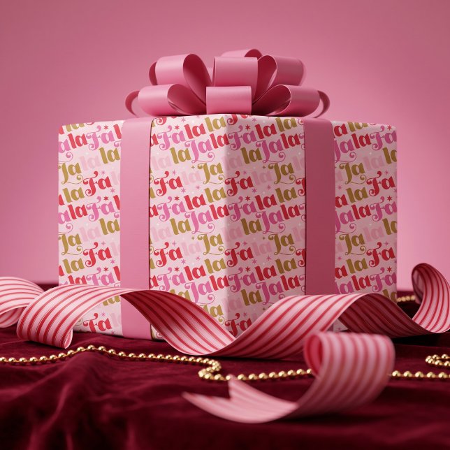 Papier Cadeau Fa La La Fille Rose Typographique Noël  (Fa La La Girly Pink Festive Typographic Christmas Wrapping Paper)