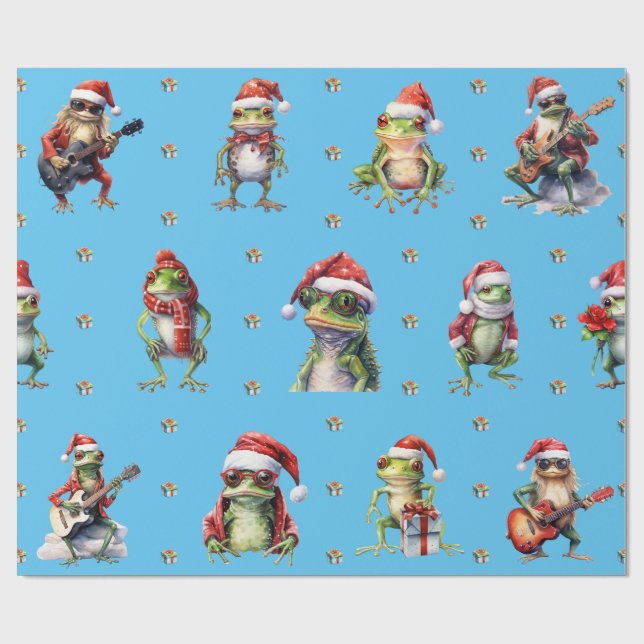 Papier Cadeau Fabuleux Frog Rock Band Noël Fêtes sur Blue (Plat)
