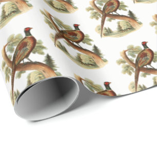 Papier Cadeau Faisan Vintage sur Branche avec Dessin d'Arbres en