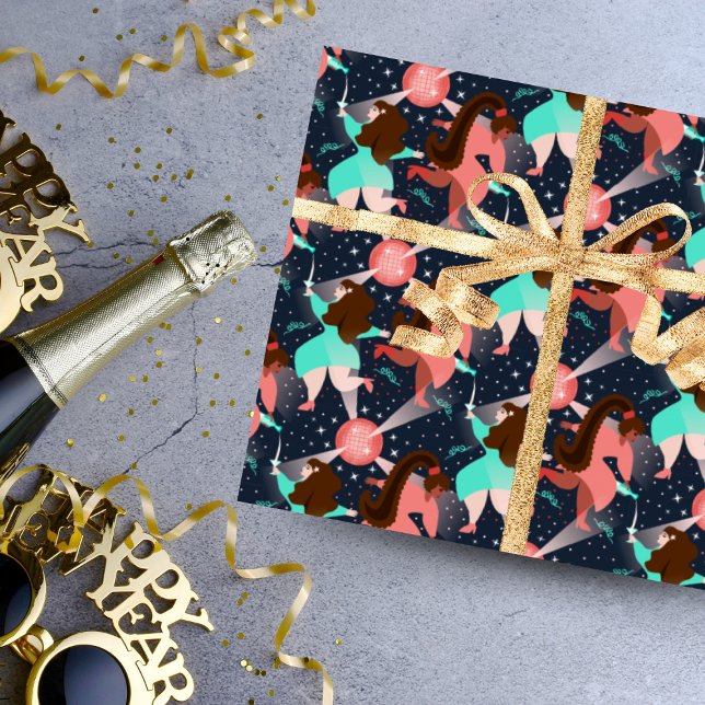 Papier Cadeau Faisons la fête ! nouvel an (A fun wrapping paper with dancing girls, disco balls, stars  and .... champagne!)