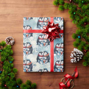 Papier Cadeau Famille de 4 Penguins de Noël aquarelle Illustra