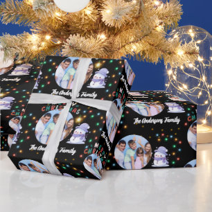 Papier Cadeau Famille de Noël moderne Snowman Photo et nom