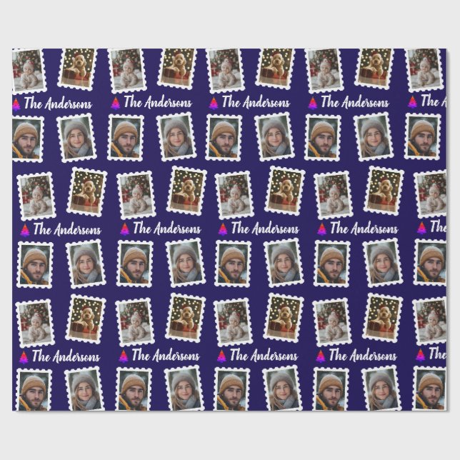 Papier Cadeau Famille de quatre Noël personnalisée  (Plat)