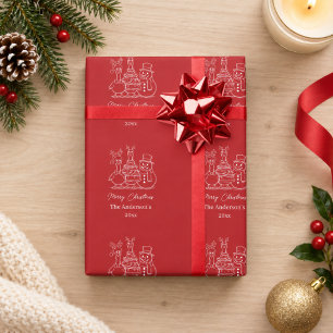 Papier Cadeau Famille d'oie de Noël Doodle rouge moderne