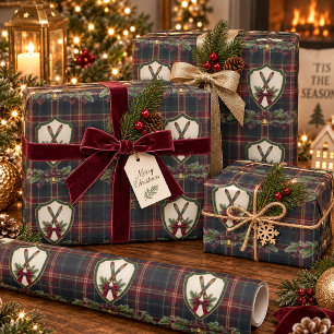Papier Cadeau Famille Noël Tartan Bourgogne Vert Foncé Préparato