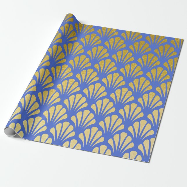 Papier Cadeau Fan Art Déco Chic Motif Azure & Faux Gold Foil (Déroulé)