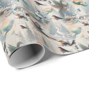 Papier Cadeau Fantaisie artistique, dessins d'oiseaux en couleur