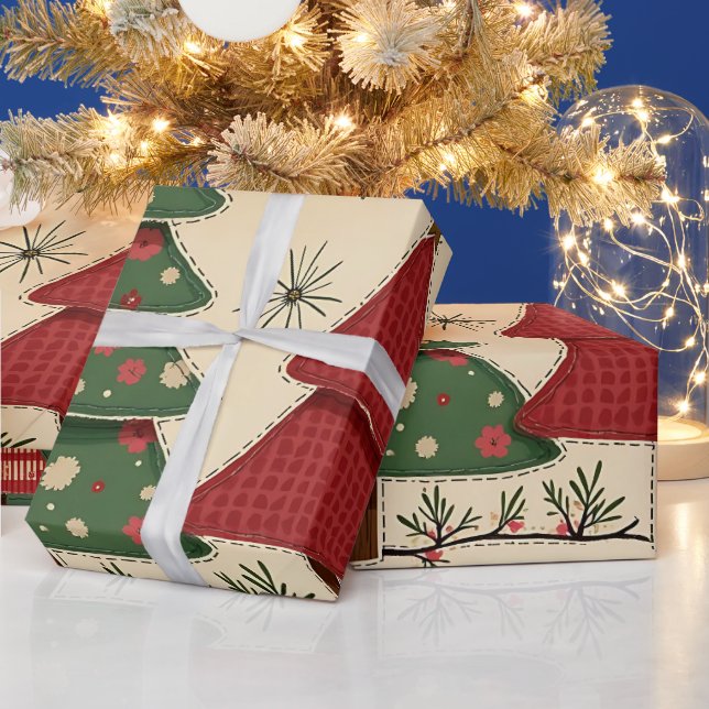 Papier Cadeau Fantasque Moderne Rouge & Vert Floral de Noël  (Vacances)