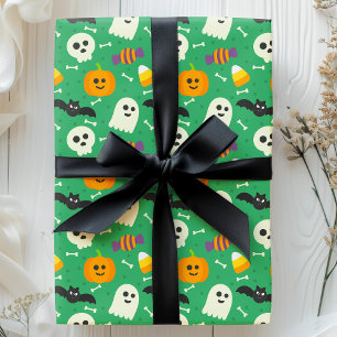 Papier Cadeau Fantôme vert effrayant, chauve-souris et crâne Hal