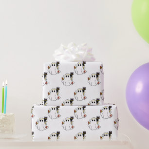 Papier Cadeau Fantômes blancs et chats noirs Halloween blanc