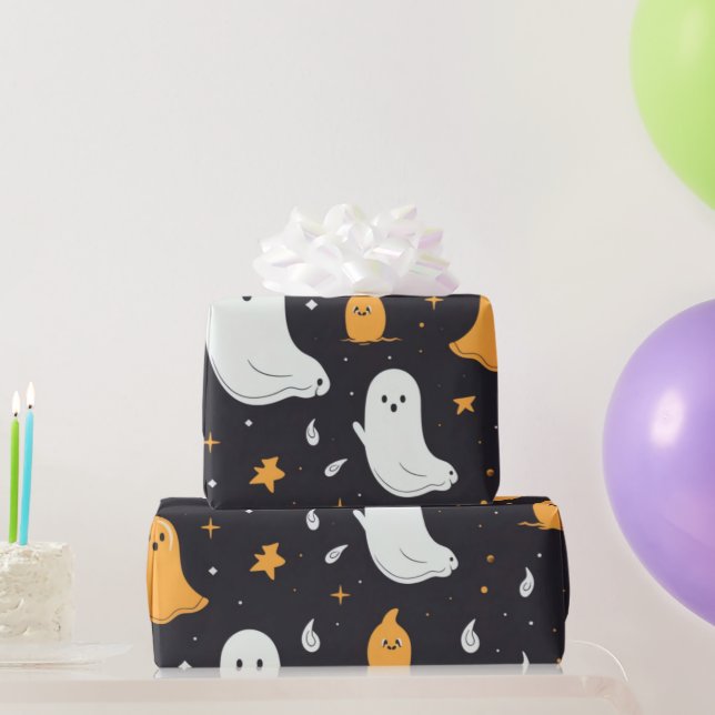 Papier Cadeau Fantômes blancs et dorés Étoiles Halloween noir (Cadeaux de fête)