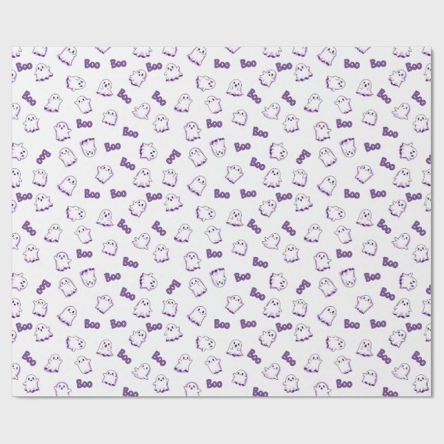 Papier Cadeau Fantômes Boo Violet Blanc Halloween (Plat)