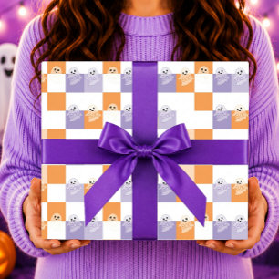 Papier Cadeau Fantômes Bouh à carreaux violets et orange